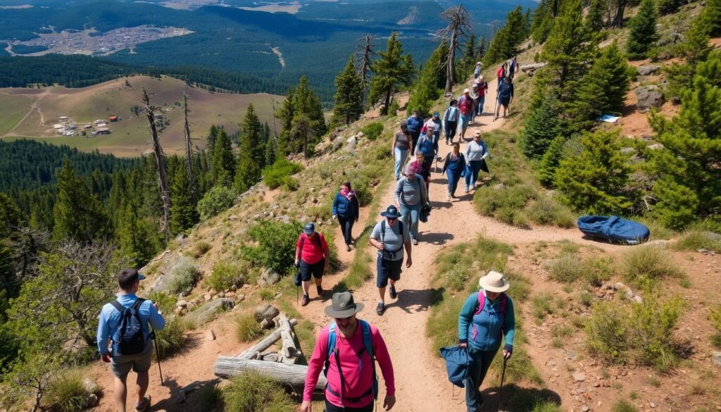 Crowded hiking trail showing increased usage during economic downturn