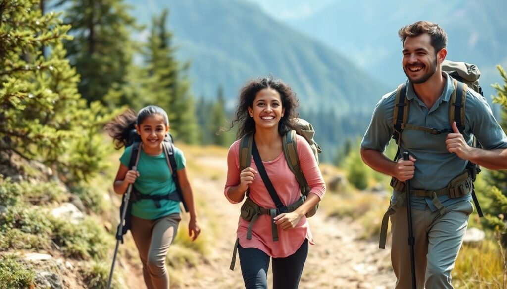 Family hiking on budget-friendly trail during economic recession