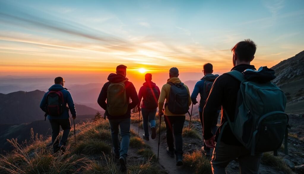 Hikers on mountain trail during sunset, representing the hiking industry recession-proof nature