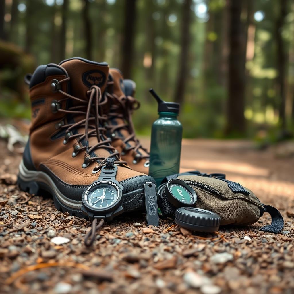 Hiking boots and gear on trail with price tags showing value during recession